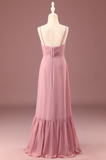 Dusty Rose A-Line Spaghetti Straps Chiffon Long Junior Bridesmaid Dress